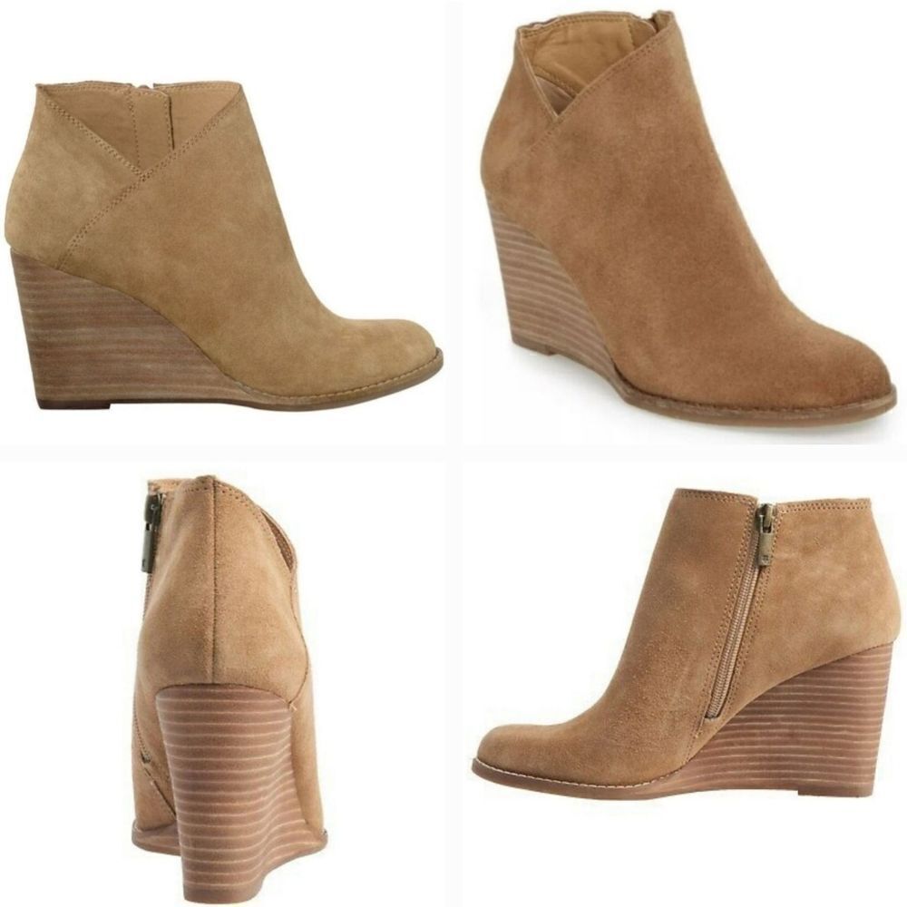 Lucky Brand Shoes Tan Leather Yakeena Side Zip Wedge Booties Shoes Size 8.5 / 39